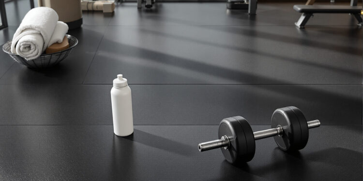 Hantel und Wasserflasche auf Gummiboden im Fitnessstudio