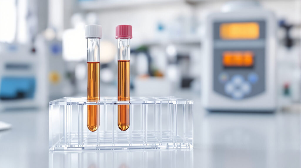 Blutprobe im Reagenzglas auf Labortisch