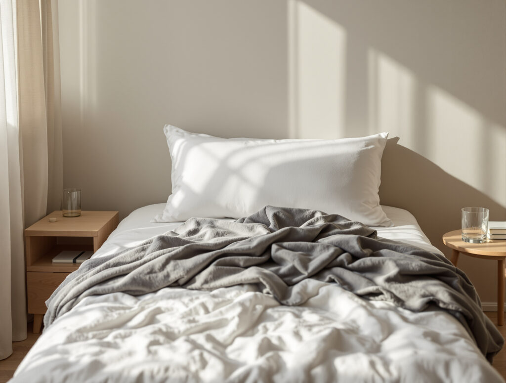 Ungemachtes Bett mit weißer Bettwäsche im Morgenlicht