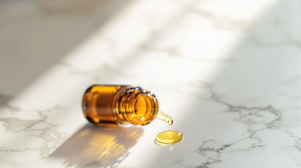 Bernsteinfarbene Tropfflasche mit CBD-Öl auf Marmor