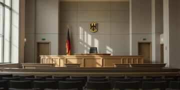 Gerichtssaal eines deutschen Landgerichts mit Richterbank und leerem Zeugenstand