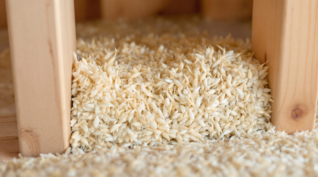 Hanfdämmung als Klemmfilz zwischen Holzständern eingeklemmt