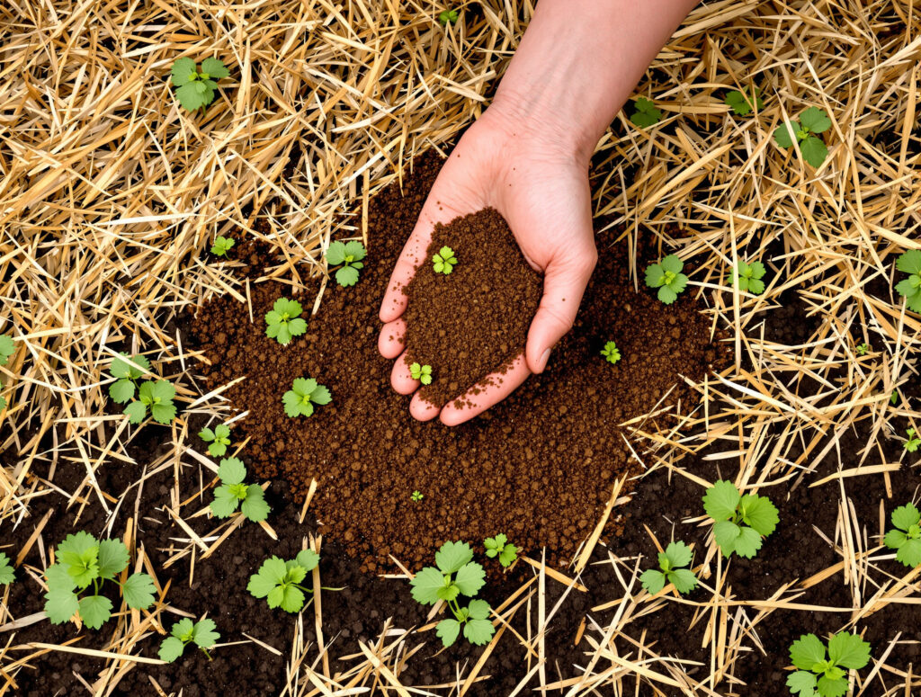 Hand verteilt Wurmhumus als Top-Dressing über Mulchschicht mit Deckfrüchten