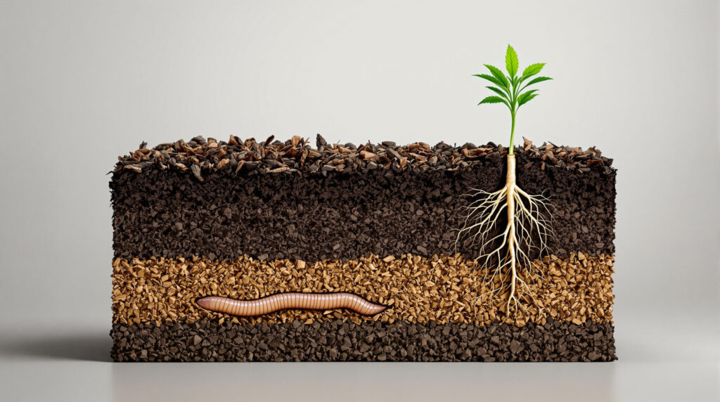Querschnitt eines gereiften No-Till-Bodens mit alten Wurzelkanälen und frischem Wurzelwachstum