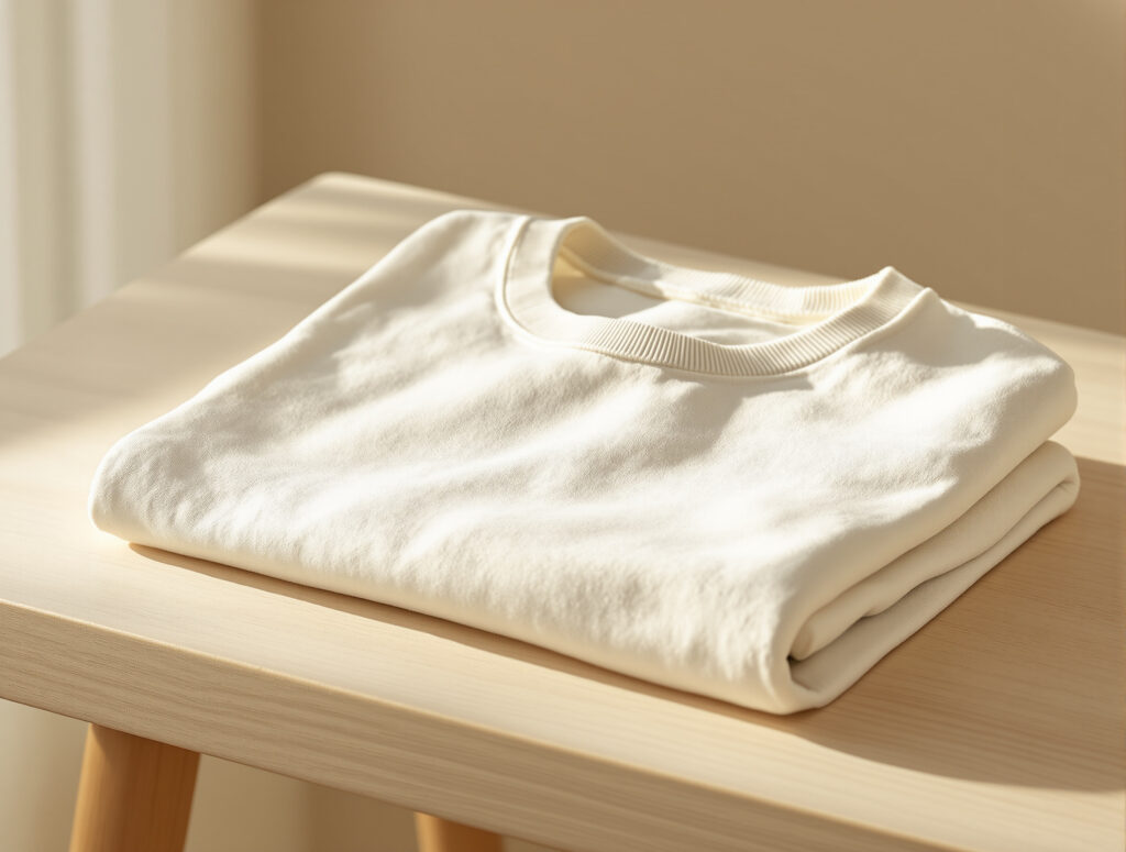 Gefaltetes Hanf-Shirt in Naturfarbe auf hellem Holz