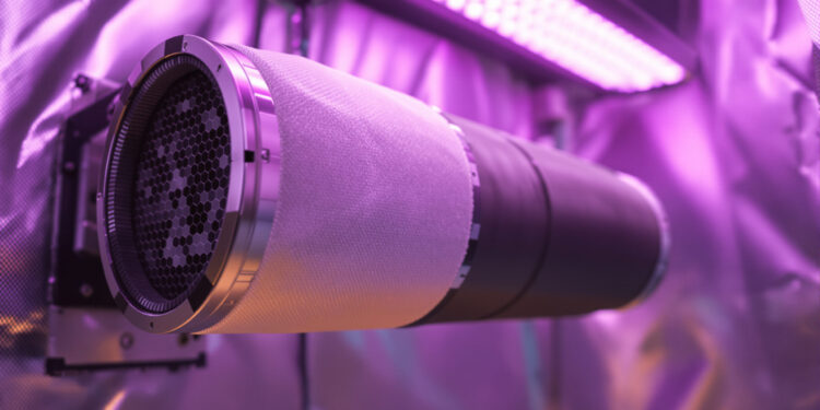 Aktivkohlefilter mit Aluschlauch in einem Indoor-Growzelt montiert