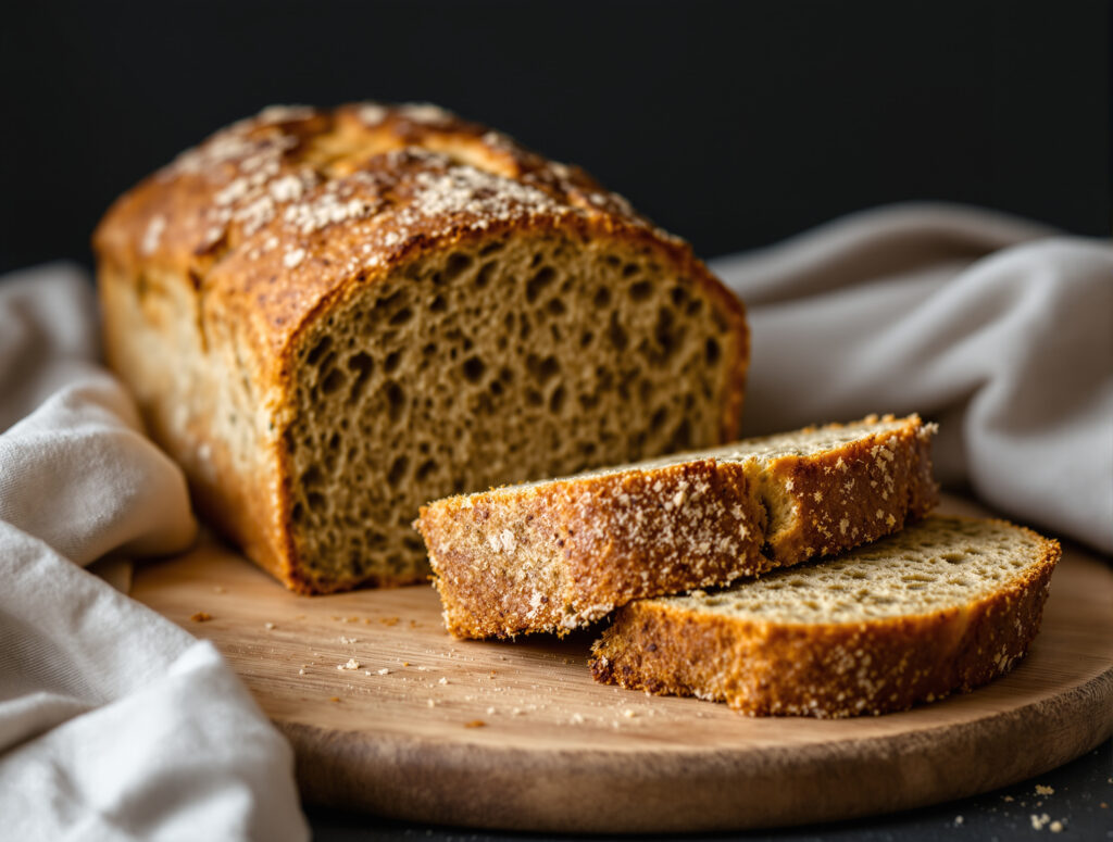 Angeschnittenes Hanfmehl-Brot mit grünlich gesprenkelter Krume auf Holzbrett
