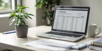 Arbeitsplatz für Cannabis-Social-Club-Verwaltung mit Laptop und Hanfpflanze