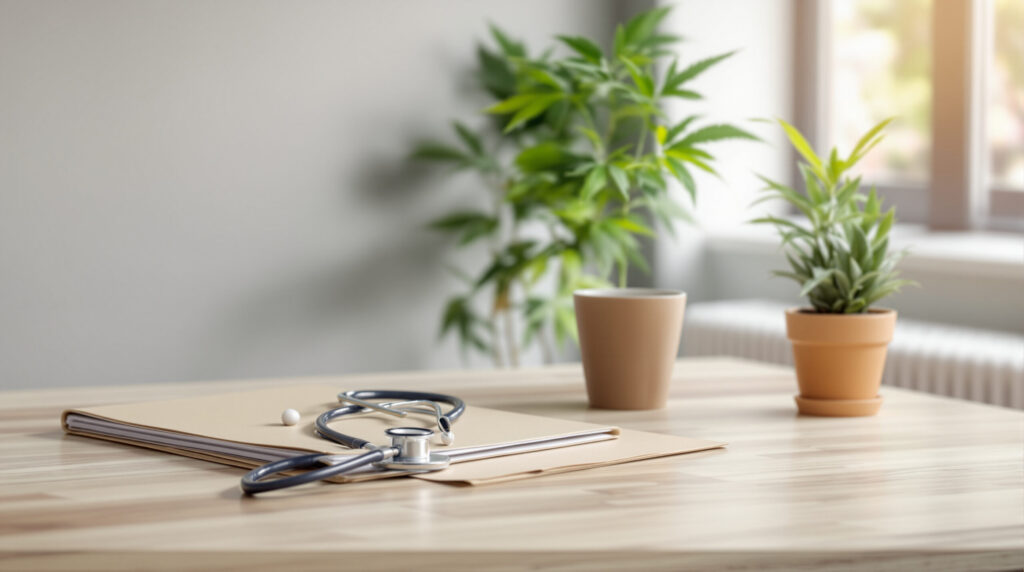 Arztpraxis-Schreibtisch mit Stethoskop, Akte und Cannabispflanze bei Tageslicht