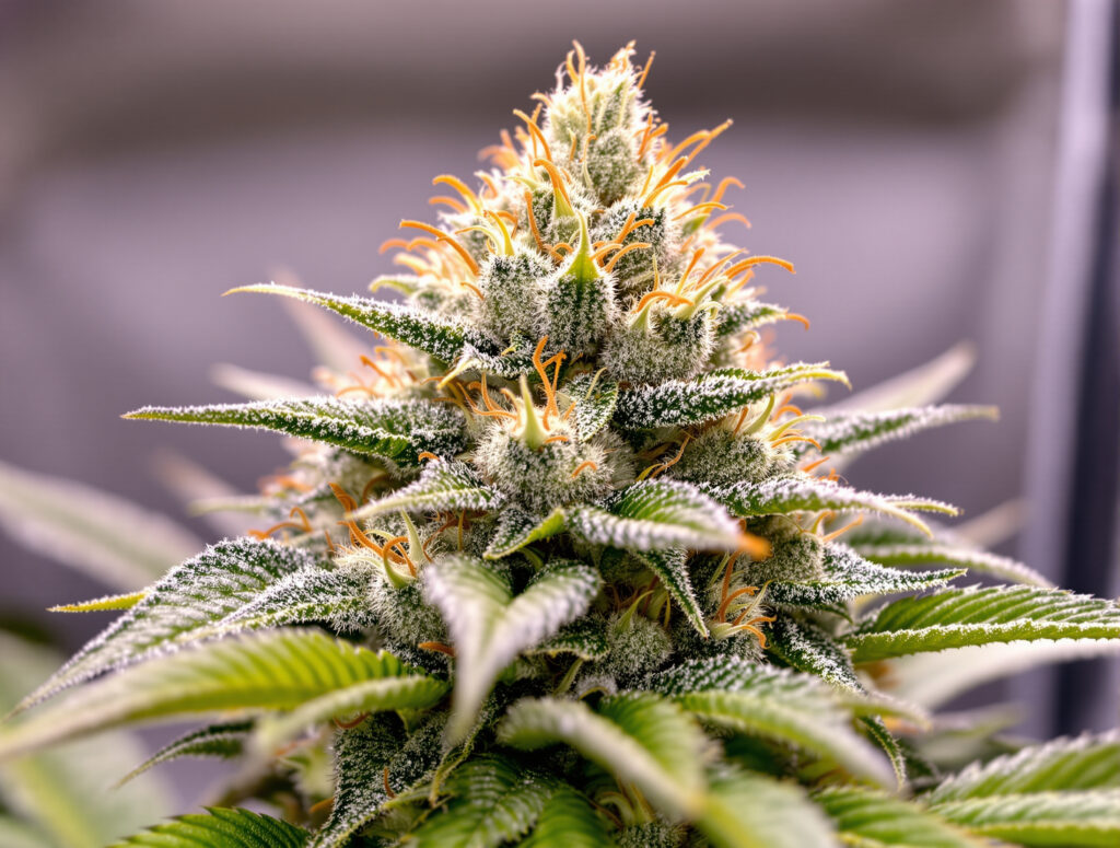 Ausgereifte Cannabis-Blüte mit sichtbaren Trichomen und Blütenstempeln