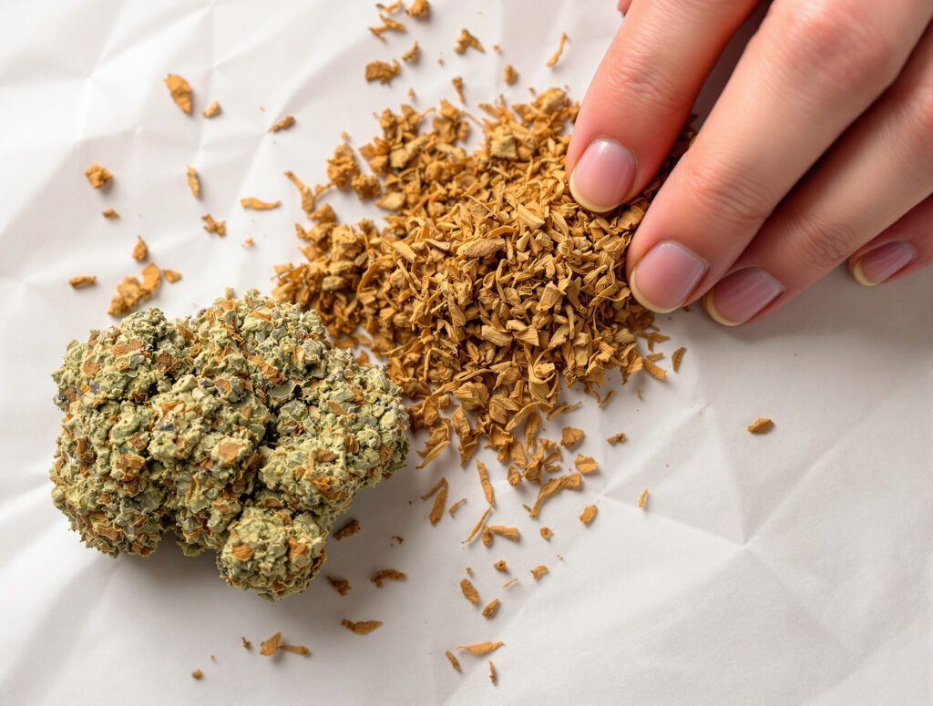 Cannabis-Blüte vermischt mit Tabak auf weißem Blättchen