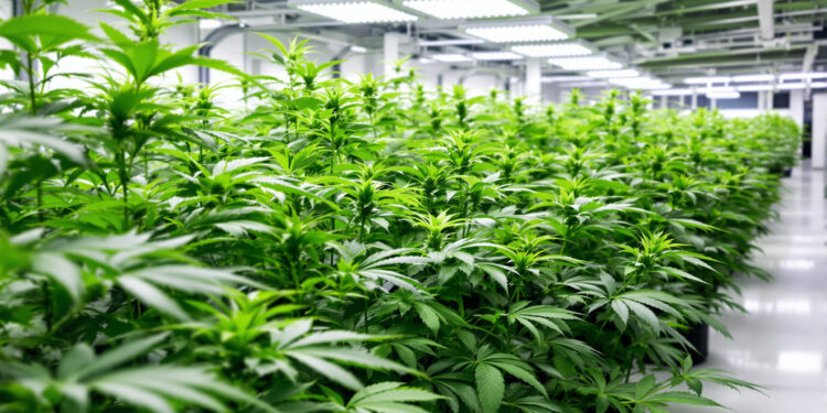 Cannabis-Forschungsanlage mit Pflanzen unter LED-Beleuchtung