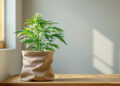 Cannabis-Pflanze in beigem Stofftopf auf Holztisch unter Tageslicht