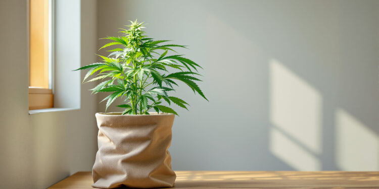 Cannabis-Pflanze in beigem Stofftopf auf Holztisch unter Tageslicht