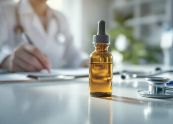 Cannabishaltiges Fertigarzneimittel in Arztpraxis auf hellem Tisch
