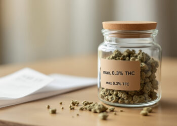 CBD-Blüten in verschlossenem Glas neben Kaufbeleg auf Holztisch