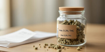 CBD-Blüten in verschlossenem Glas neben Kaufbeleg auf Holztisch