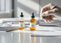 CBD-Probenfläschchen und wissenschaftliche Dokumentation auf Labortisch