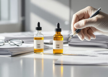CBD-Probenfläschchen und wissenschaftliche Dokumentation auf Labortisch
