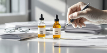CBD-Probenfläschchen und wissenschaftliche Dokumentation auf Labortisch