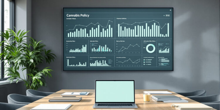 Dashboard mit abstrakten Cannabis-Policy-Indikatoren in EU-Behördenumgebung
