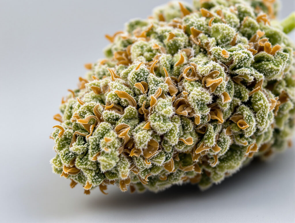 Dichte Cannabis-Blüte mit Trichomen und orangen Griffeln