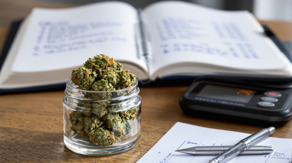 Dokumentation von Cannabis-Abgaben mit Waage und Logbuch
