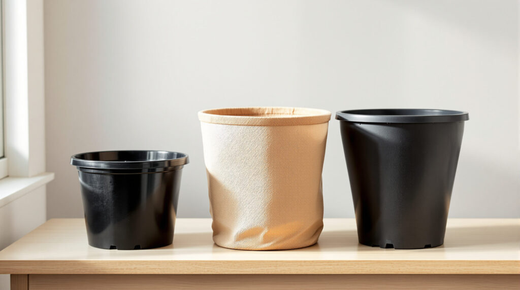 Drei leere Cannabis-Töpfe nebeneinander: Plastik, Stoff, Air-Pot