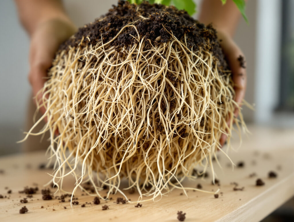 Durchwurzelter Wurzelballen einer Cannabis-Pflanze beim Umtopfen