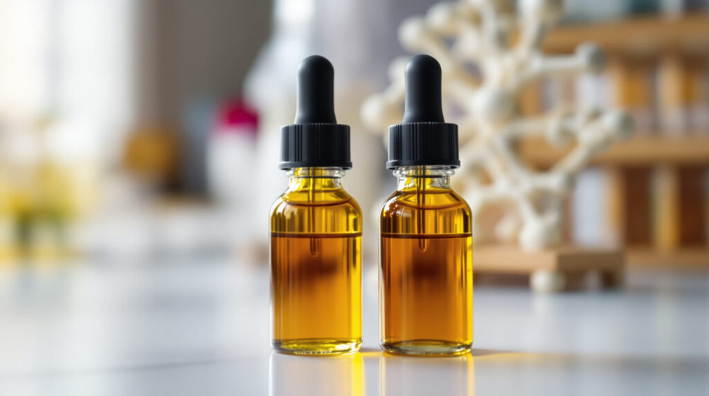 Glasfläschchen mit Cannabisextrakt vor unscharfem Rezeptormodell