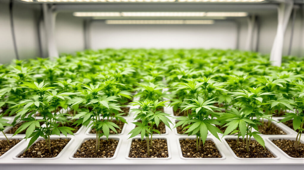 Gleichmäßig gewachsene Cannabis-Sämlinge zeigen F1-Hybrid-Eigenschaften
