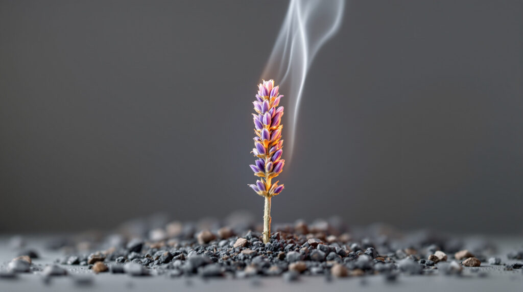 Glimmende Lavendelblüte mit aufsteigendem Rauch in Makroaufnahme