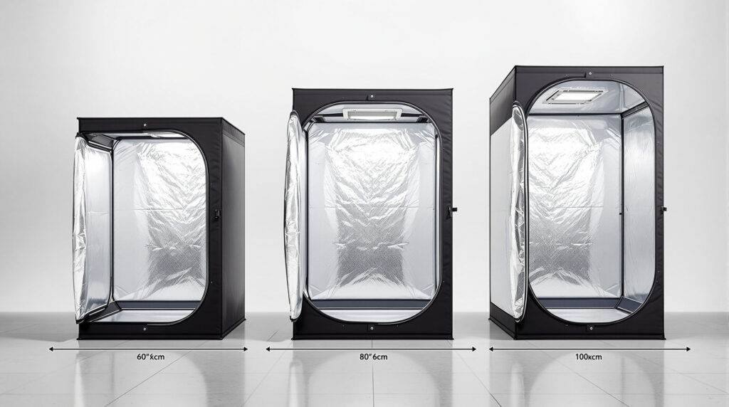 Größenvergleich verschiedener Growzelt-Formate von 60 bis 100 Zentimeter
