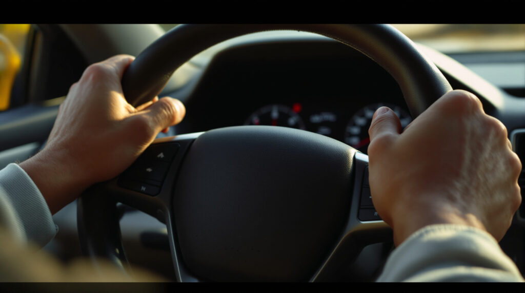 Hände am Lenkrad eines Autos aus Fahrerperspektive