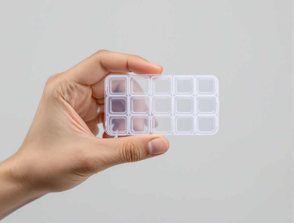 Hand hält leere Pillenbox als Symbol für unterbrochene Therapie