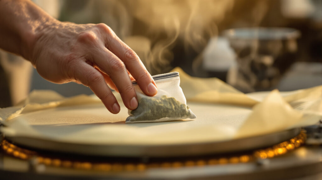 Hand legt Filterbeutel mit Cannabis zwischen Pressplatten