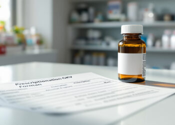 Kassenrezept und Arzneimittelflasche auf Apothekentresen