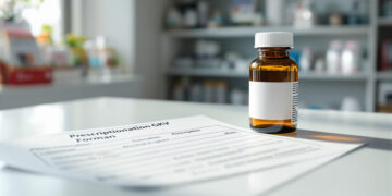 Kassenrezept und Arzneimittelflasche auf Apothekentresen