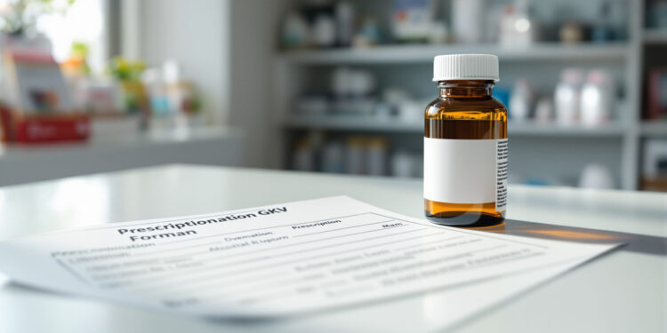 Kassenrezept und Arzneimittelflasche auf Apothekentresen