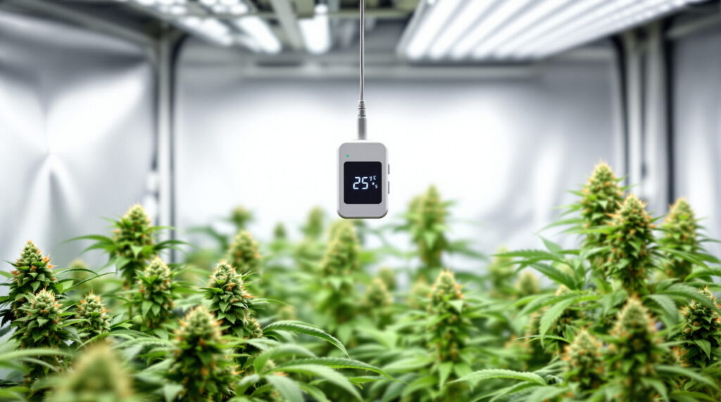 Klimasensor auf Höhe der Blütenspitzen in einem Cannabiszelt