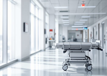 Klinikflur mit Tageslicht und medizinischer Ausstattung