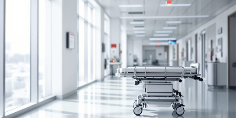 Klinikflur mit Tageslicht und medizinischer Ausstattung