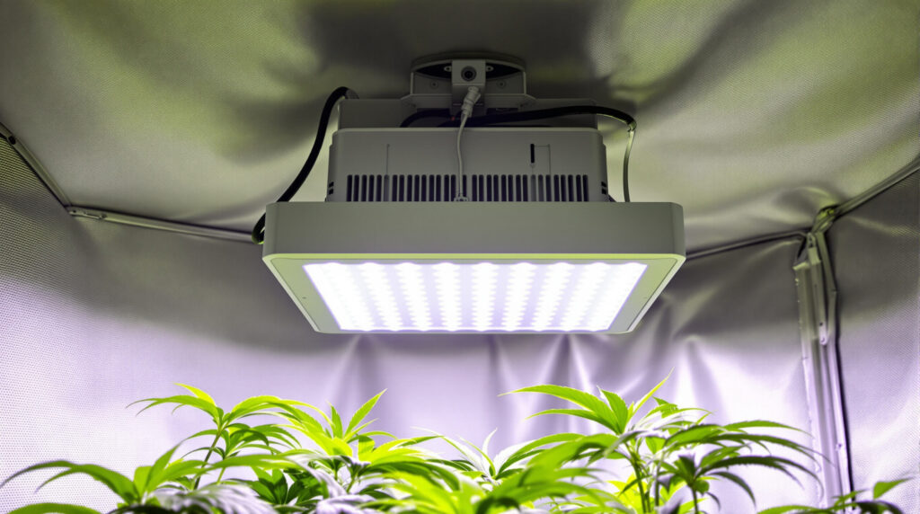 LED-Growlampe über Cannabis-Pflanzen in der Wachstumsphase