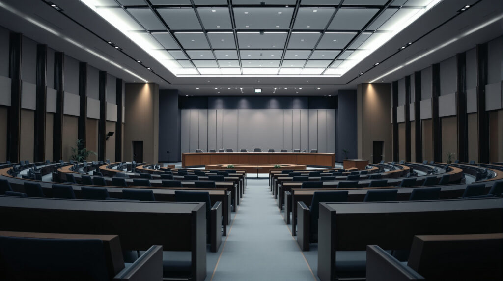 Leerer Sitzungssaal im deutschen Bundestag vor einer Anhörung