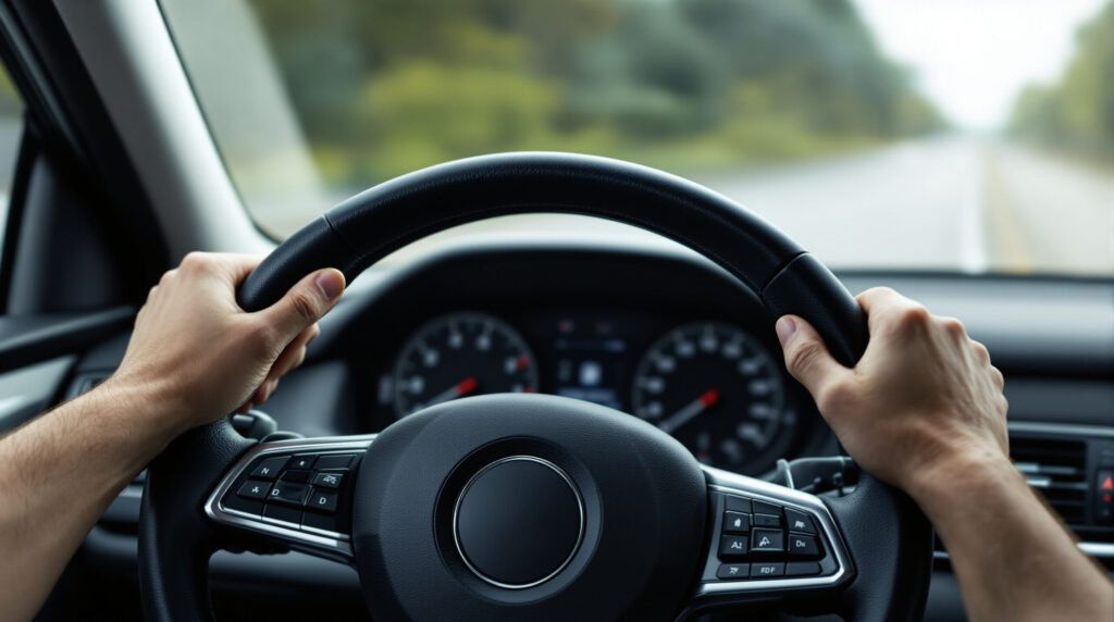 Lenkrad aus Fahrerperspektive mit Händen in korrekter Fahrposition