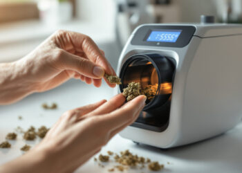 Medizinischer Cannabis-Vaporizer mit Hand beim Befüllen auf weißer Fläche