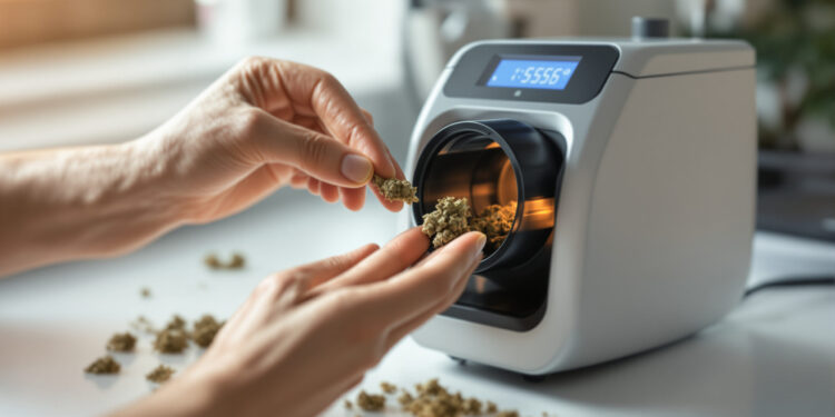 Medizinischer Cannabis-Vaporizer mit Hand beim Befüllen auf weißer Fläche