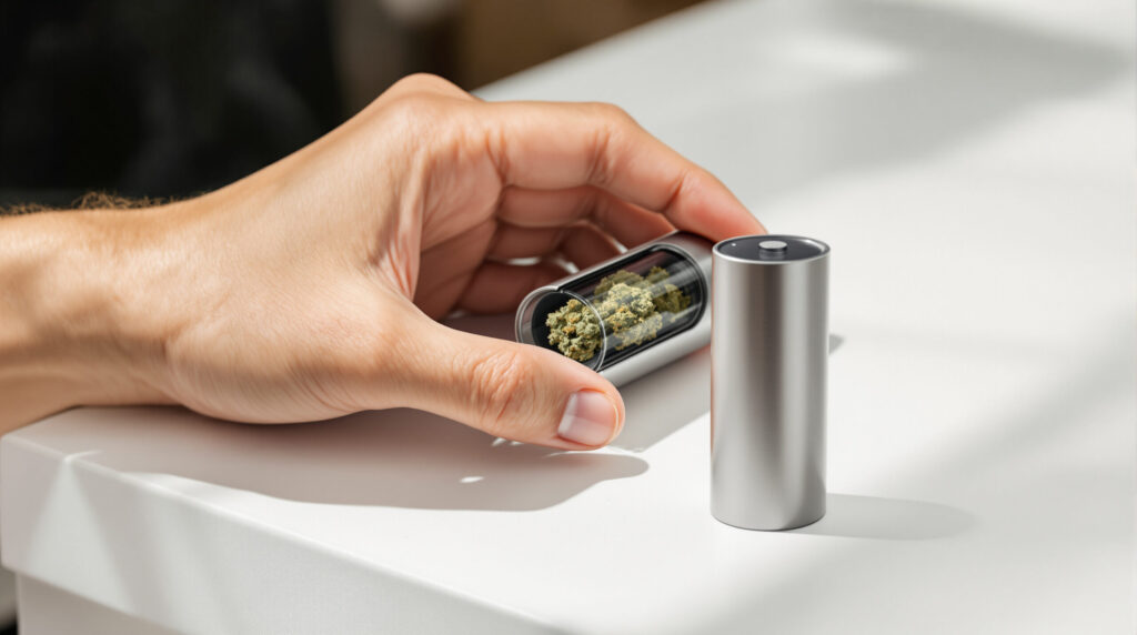 Moderner Cannabis-Vaporizer in einer Hand auf weißer Fläche