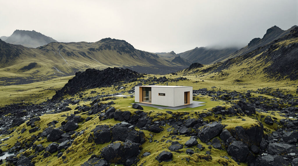 Modernes Hanfhaus in dramatischer isländischer Berglandschaft unter bewölktem Himmel