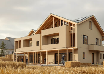 Modernes Mehrfamilienhaus im Bau mit sichtbaren Hanfbeton-Wänden und Holzrahmenkonstruktion